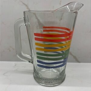 Vintage Colorful Rainbow Striped Heavy Glass Pitcher with Ice Lip USA 60 oz